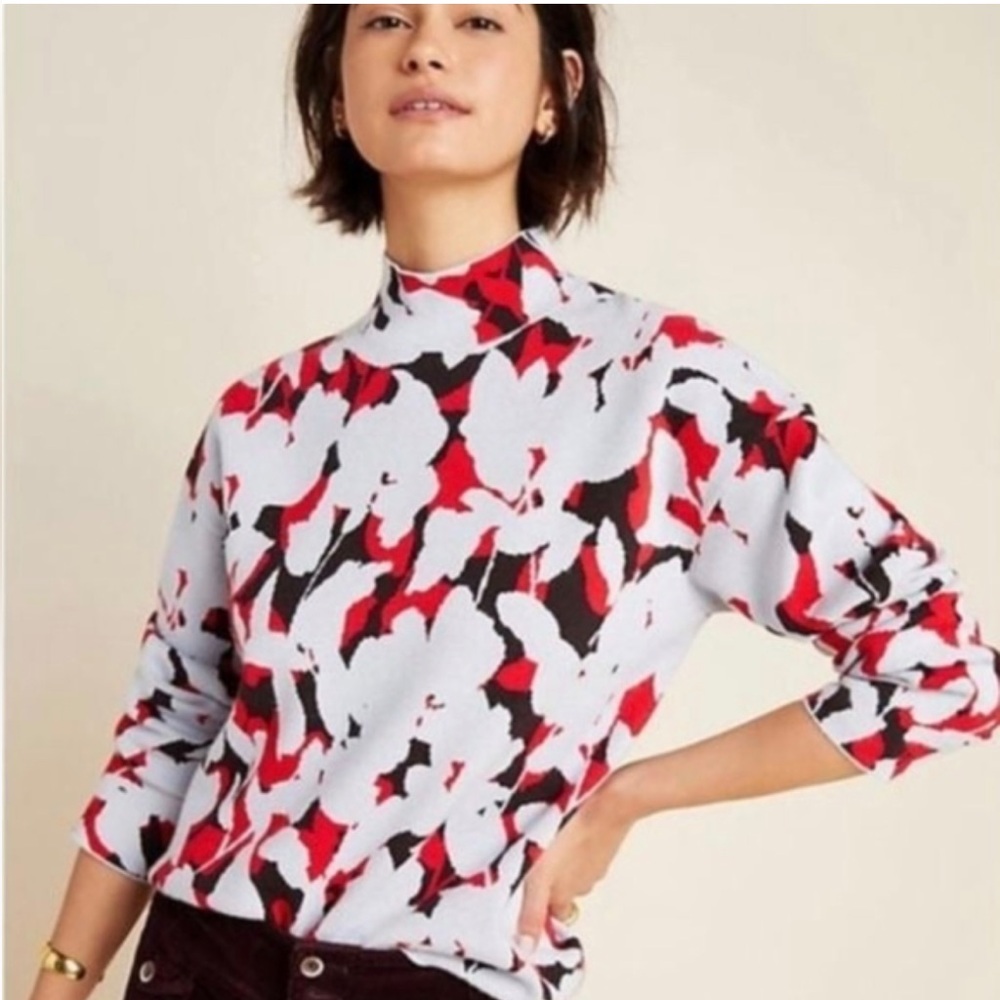 Anthropologie Lizzie mock turtle neck Red and Black Floral Sweater